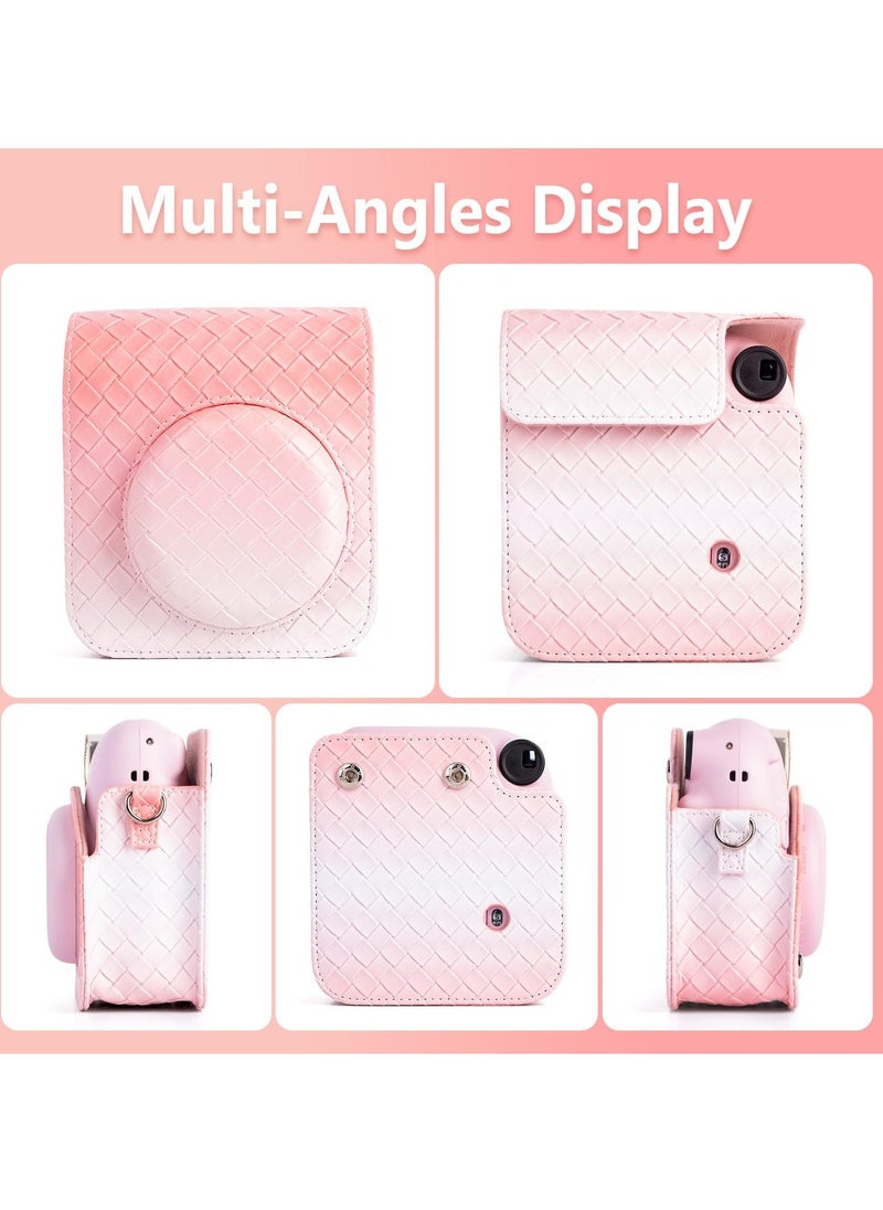 SYOSI Gradient Weave PU Leather Case for Fujifilm/Polaroid Instax Mini 12 - Stylish Protective Camera Cover with Shoulder Strap - Pink  - Image 5