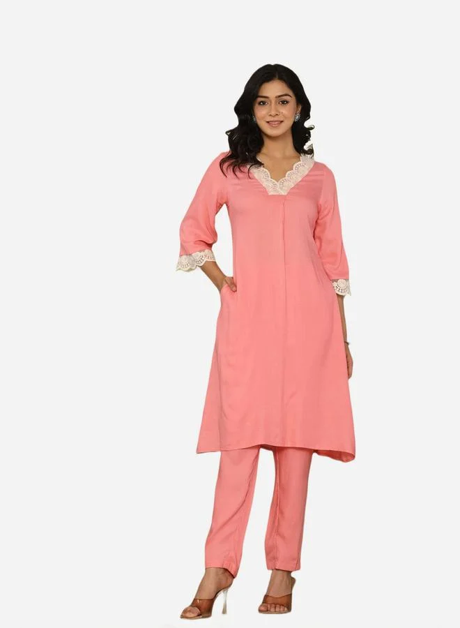 KASYA Pink Lace Trim Viscose Top and Pants Co-Ords