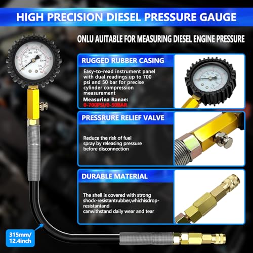 ZKTOOL 46PCS Compression and Leakage Test Kit Petrol & Diesel Dual Gauge Engine Compression Tester Kit Automotive Cylinder Leak Down Tester Kit for HDI, TDCi, Pumpe Duse Engine，0-725PIS - Image 3