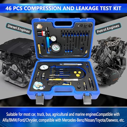 ZKTOOL 46PCS Compression and Leakage Test Kit Petrol & Diesel Dual Gauge Engine Compression Tester Kit Automotive Cylinder Leak Down Tester Kit for HDI, TDCi, Pumpe Duse Engine，0-725PIS - Image 2