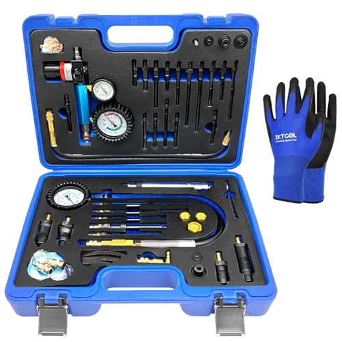 ZKTOOL 46PCS Compression and Leakage Test Kit Petrol & Diesel Dual Gauge Engine Compression Tester Kit Automotive Cylinder Leak Down Tester Kit for HDI, TDCi, Pumpe Duse Engine，0-725PIS - Image 1