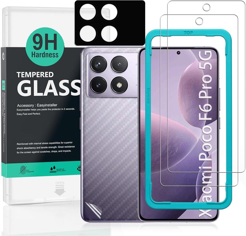 Ibywind 2 Pack Screen Protector For Xiaomi Poco F6 Pro 5G 6.67",9H Hardness Tempered Glass,With 1Pc Camera Lens Protector,1Pc Back Carbon Fiber Film,Easy to install - Image 1