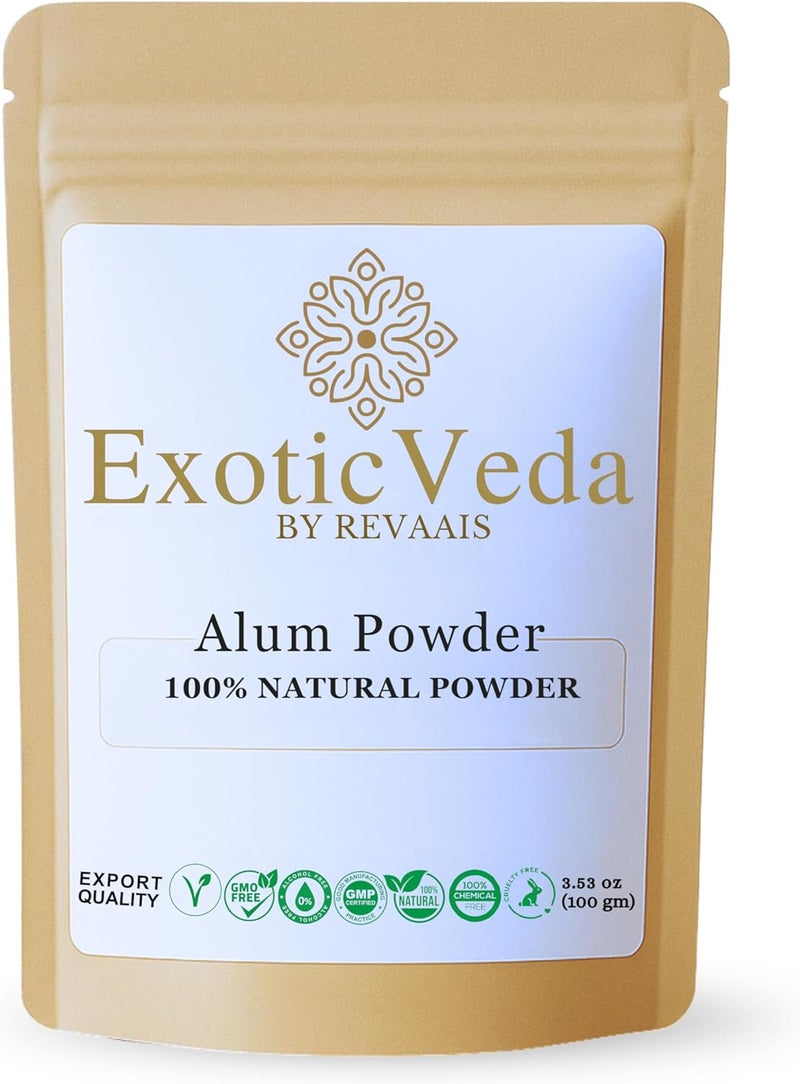 Exotic Veda مسحوق الشب 100 جرام (3.53 أونصة) - مسحوق بوتاسيوم ألومنيوم نقي، حبيبات الشب، مزيل عرق طبيعي ومنقي للمياه، فيتكاري لعلاج تقرحات الفم، شكل محبب ومنقى - Image 1