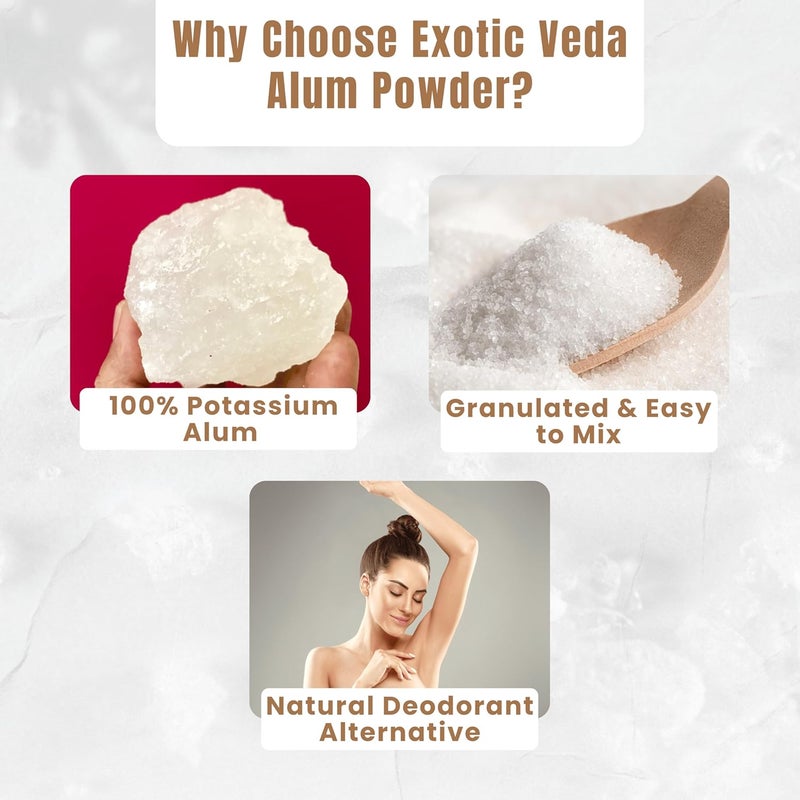 Exotic Veda مسحوق الشب 100 جرام (3.53 أونصة) - مسحوق بوتاسيوم ألومنيوم نقي، حبيبات الشب، مزيل عرق طبيعي ومنقي للمياه، فيتكاري لعلاج تقرحات الفم، شكل محبب ومنقى - Image 2