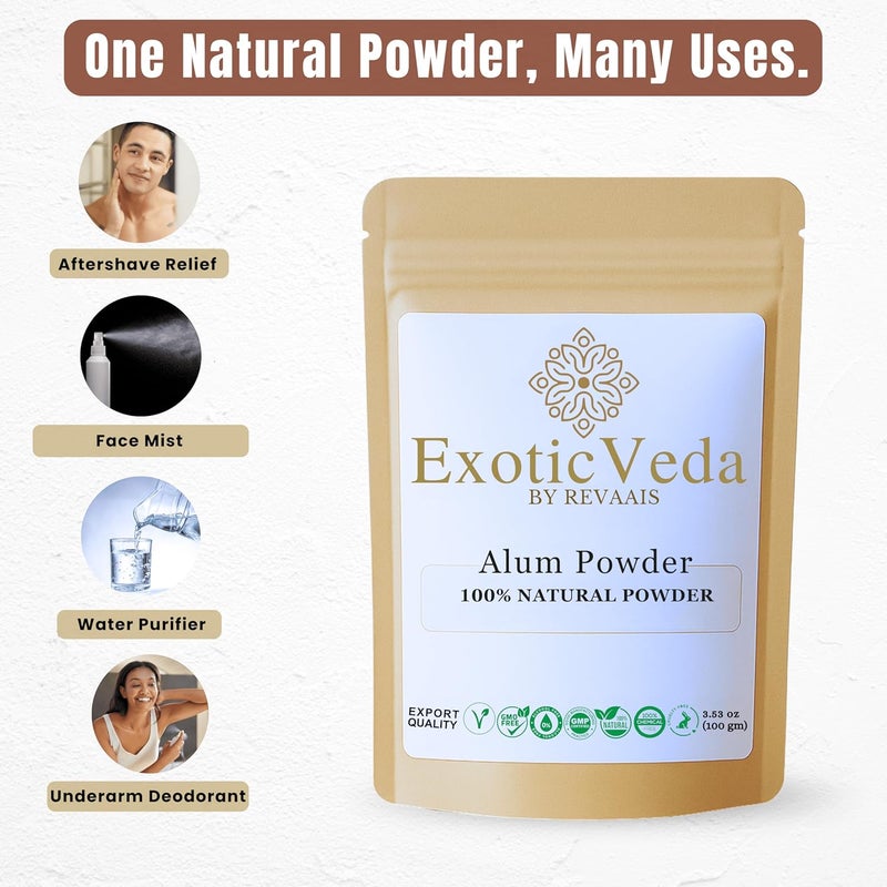 Exotic Veda مسحوق الشب 100 جرام (3.53 أونصة) - مسحوق بوتاسيوم ألومنيوم نقي، حبيبات الشب، مزيل عرق طبيعي ومنقي للمياه، فيتكاري لعلاج تقرحات الفم، شكل محبب ومنقى - Image 5
