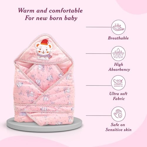 Mee Mee Baby Hooded Wrapper for Newborn Baby | Warm and Soft Swaddle Wrapper | Double Layered Sleeping Bag for Newborn Babies (Pink-Bunny Print) - Image 4