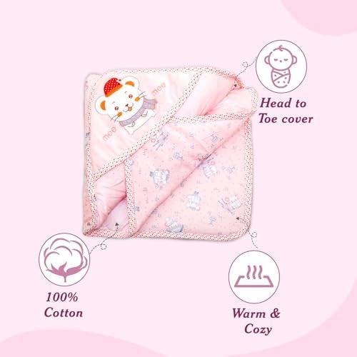 Mee Mee Baby Hooded Wrapper for Newborn Baby | Warm and Soft Swaddle Wrapper | Double Layered Sleeping Bag for Newborn Babies (Pink-Bunny Print) - Image 3