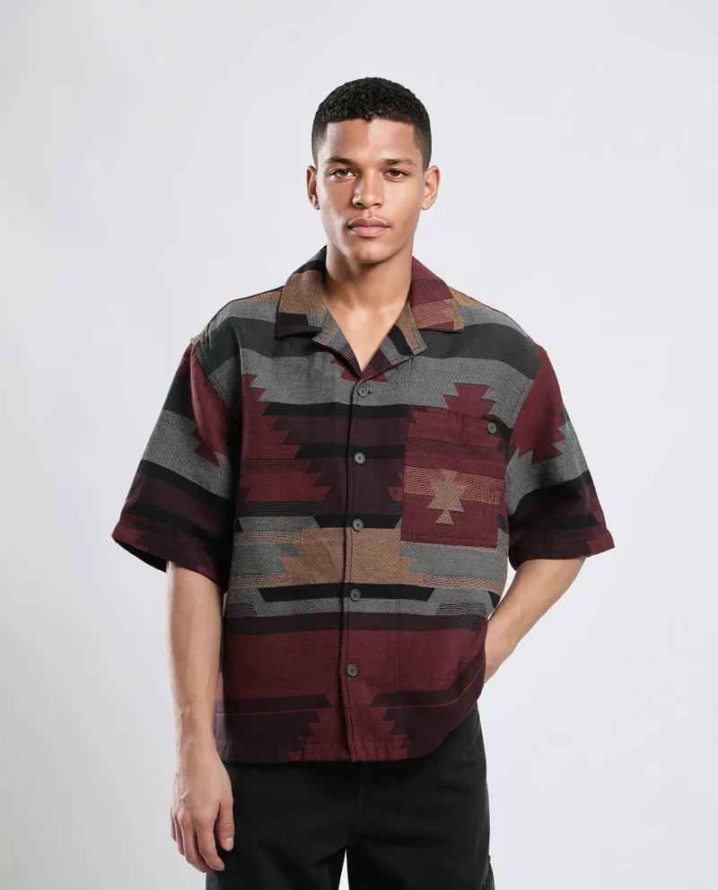Rare Rabbit Rare Rabbit Men's Tri Maroon Cotton Fabric Short Sleeve Collared Neck Button Closure Jacquard Shirt
