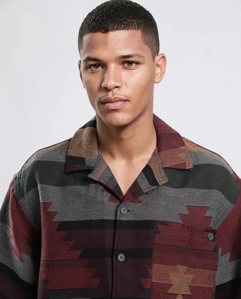 Rare Rabbit Rare Rabbit Men's Tri Maroon Cotton Fabric Short Sleeve Collared Neck Button Closure Jacquard Shirt