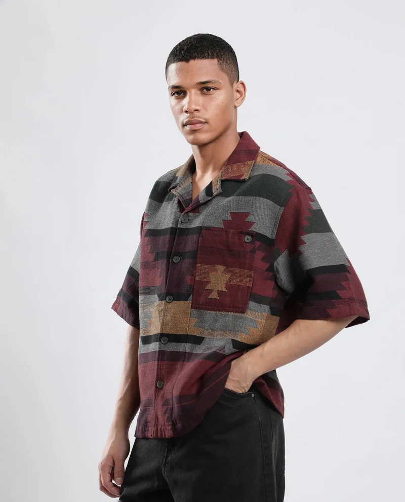 Rare Rabbit Men's Jacquard Boxy Fit Shirt