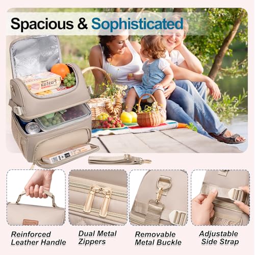Romenrita Lunch Bags for Women,Dual Compartment Lunch Box Lunch Bag for Work,Leakproof Lunch Cooler Large Insulated Lunchbox for Adult for Women Men, Lunchbag for Picnic Beach (Khaki) - Image 4