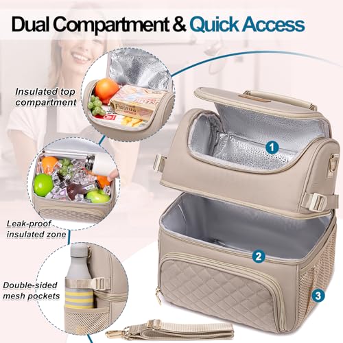 Romenrita Lunch Bags for Women,Dual Compartment Lunch Box Lunch Bag for Work,Leakproof Lunch Cooler Large Insulated Lunchbox for Adult for Women Men, Lunchbag for Picnic Beach (Khaki) - Image 2