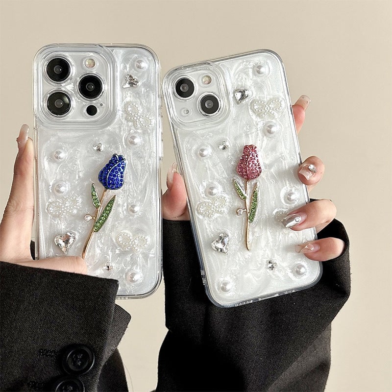 Apple 16Pro Fresh Ins Style Rose Mobile Phone Case Suitable for Iphone17 Glue Glitter Powder Rhinestone Pearl Diamond - Image 2