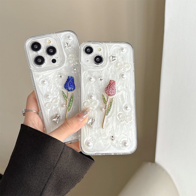 Apple 16Pro Fresh Ins Style Rose Mobile Phone Case Suitable for Iphone17 Glue Glitter Powder Rhinestone Pearl Diamond - Image 3