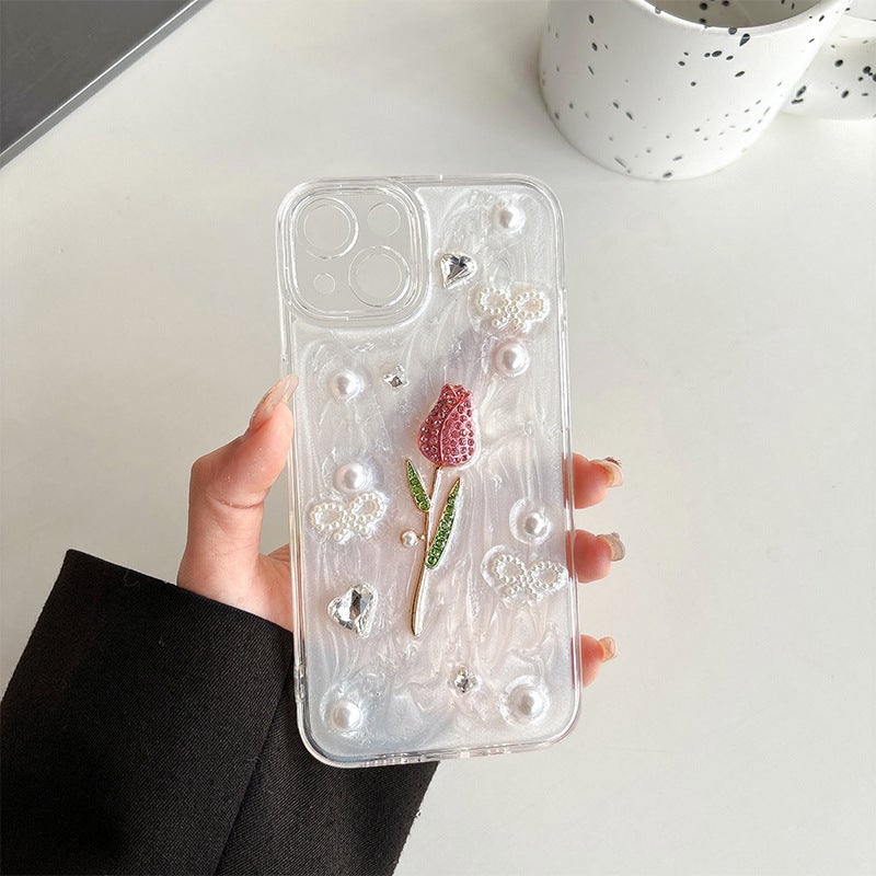 Apple 16Pro Fresh Ins Style Rose Mobile Phone Case Suitable for Iphone17 Glue Glitter Powder Rhinestone Pearl Diamond - Image 5