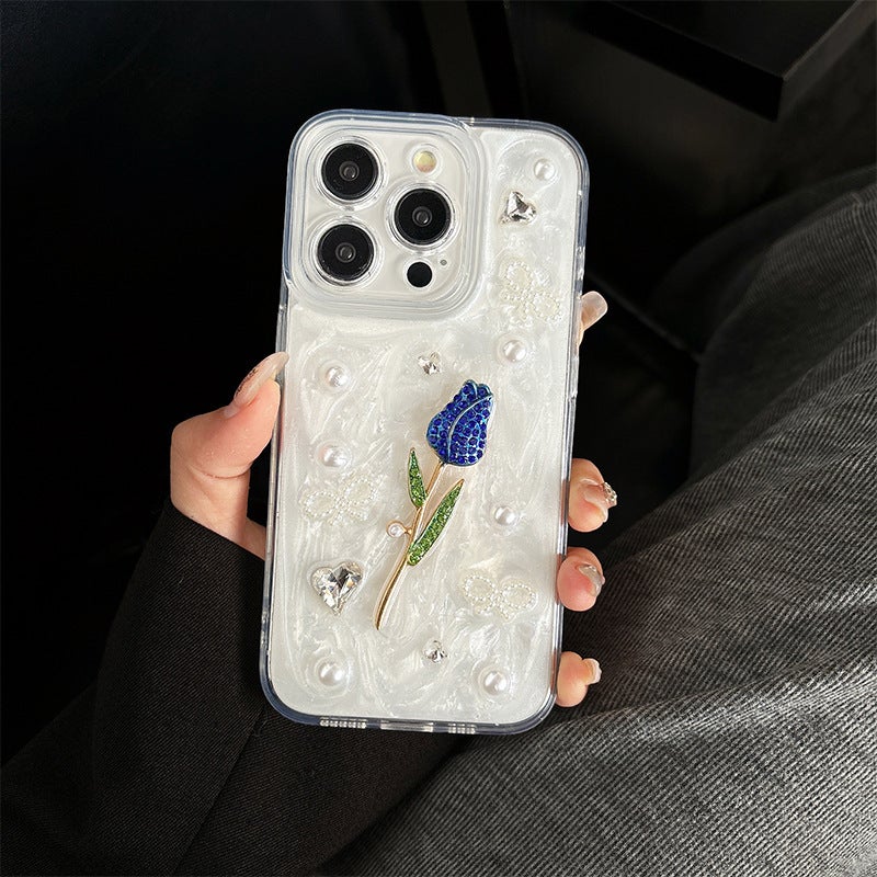 Apple 16Pro Fresh Ins Style Rose Mobile Phone Case Suitable for Iphone17 Glue Glitter Powder Rhinestone Pearl Diamond - Image 1
