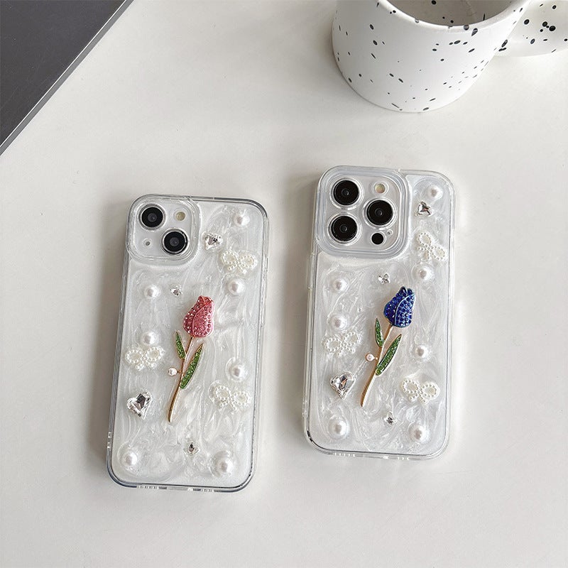 Apple 16Pro Fresh Ins Style Rose Mobile Phone Case Suitable for Iphone17 Glue Glitter Powder Rhinestone Pearl Diamond - Image 4