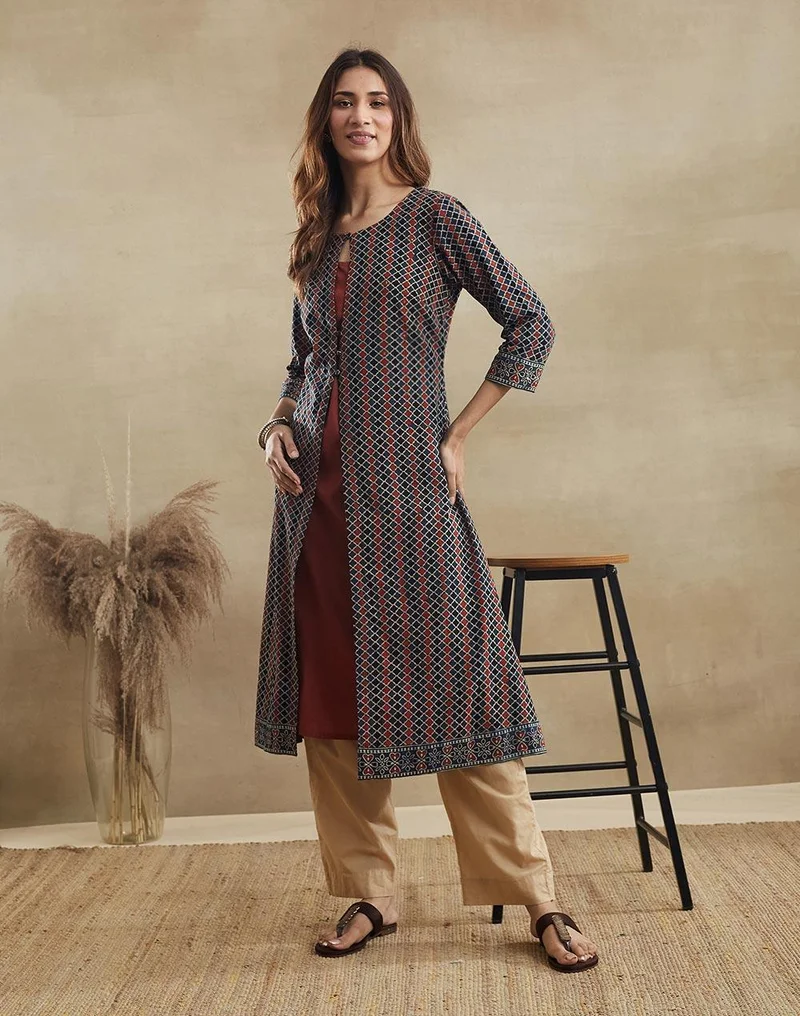 Fabindia Maroon Cotton Slip & Long Kurta