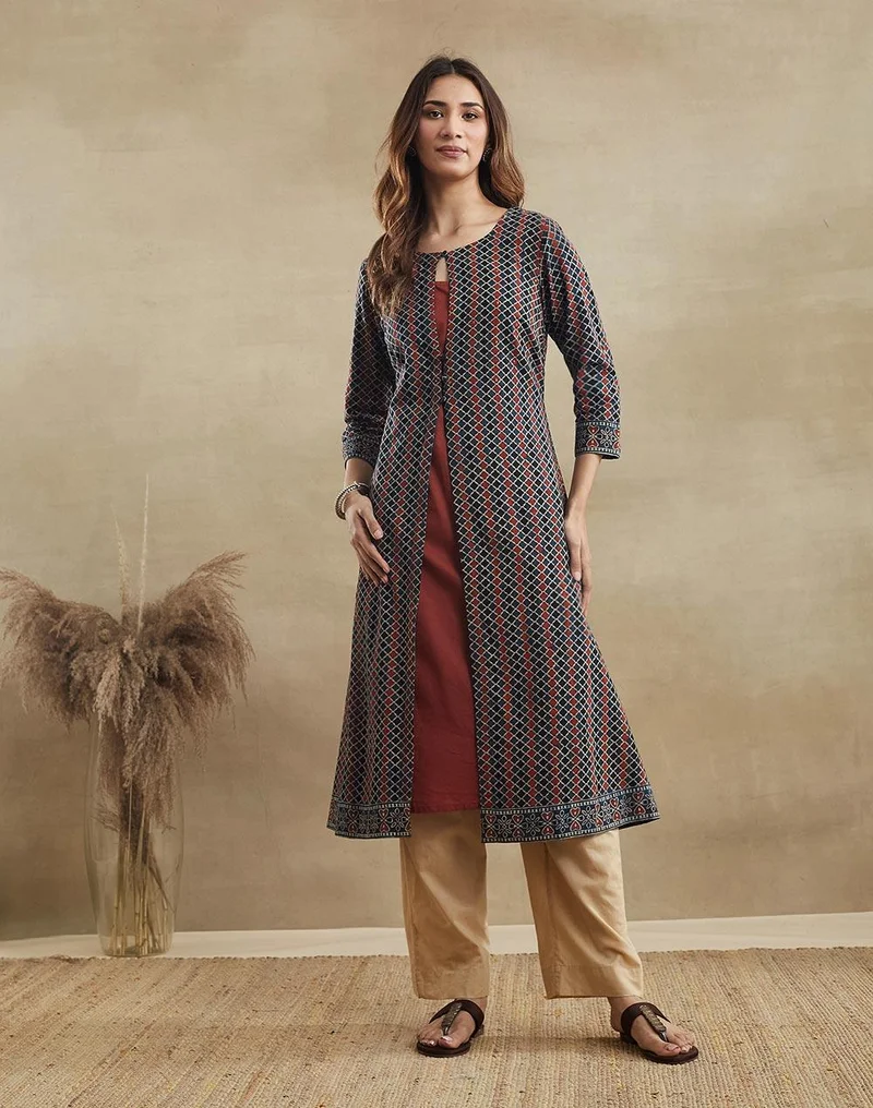 Fabindia Maroon Cotton Slip & Long Kurta