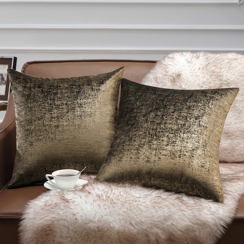 Phantoscope Pack of 2 Sparkling Velvet Geometric-pattern Throw Decorative Pillow Cover Soft Gold Glitter Square Cushion Cover Pillowcase for Couch Bed and Chair, Dark Brown, 18 x 18 inches, 45 x 45 cm - Image 1