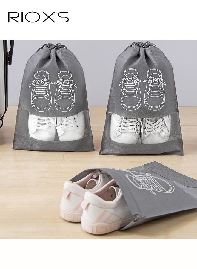 RIOXS 10 PCS Travel Shoe Bags, Shoe Organizer Pouch Storage with Dual Drawstring Closure and Clear Window, Dust-proof Non-Woven String Bags for Travel Trip Carrying Packing, Grey - Image 3