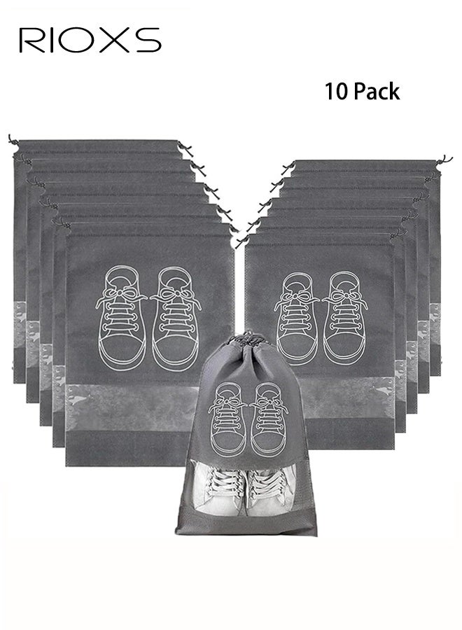 RIOXS 10 PCS Travel Shoe Bags, Shoe Organizer Pouch Storage with Dual Drawstring Closure and Clear Window, Dust-proof Non-Woven String Bags for Travel Trip Carrying Packing, Grey - Image 1
