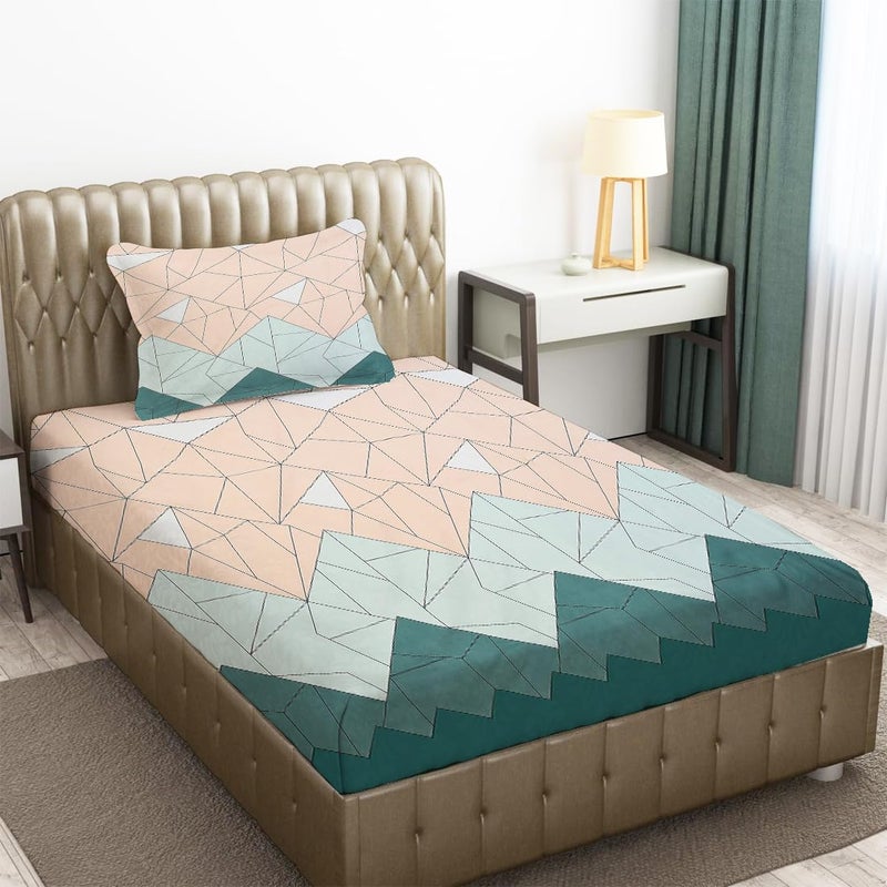 IVAZA IVAZA Floral Print 144 TC Ezyption Cotton Single Size Bed Sheet with 1 Pillow Covers Breathable Wrinkle Free and Soft Touch Cream Green 