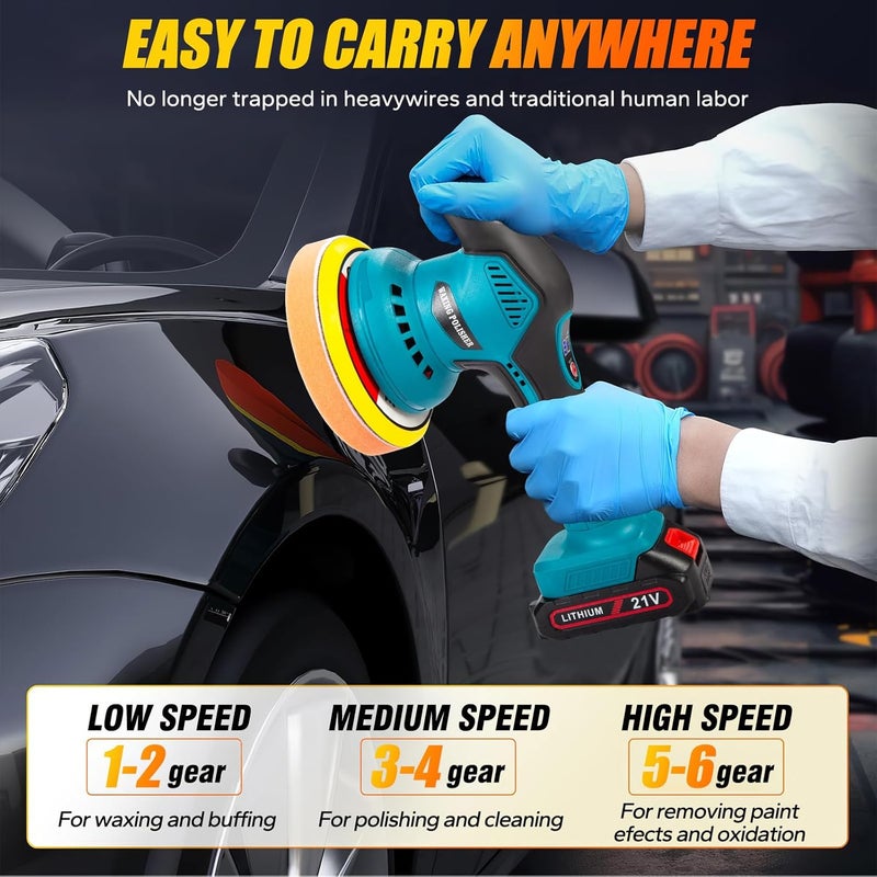 Cordless Polisher Machine Kit, 6 Variable Speeds Car Polisher With 2 Batteries And Charger, Electric Polisher Car Buffer Polisher Waxer Kit, For Car Sanding Polishing/Home Cleaning - Image 3
