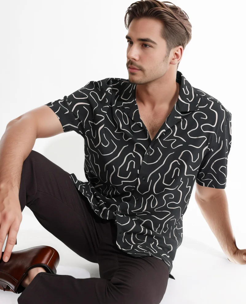 رير رابِت Rare Rabbit Men's Castro Black Viscose fabric Cuban Collar Abstract Print Half Sleeves Shirt