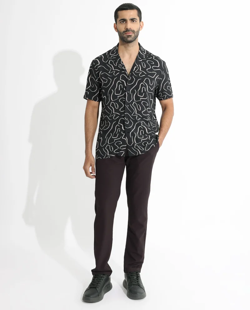 رير رابِت Rare Rabbit Men's Castro Black Viscose fabric Cuban Collar Abstract Print Half Sleeves Shirt