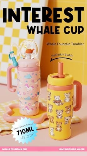 FRAGRANTGARDEN Stainless Steel Whale Fountain Tumbler with Handle, Drinking Cup with Whale Squirt, 24oz Whale Water Bottle Two Silicone Soft Tip, Leak-Proof Whale Fountain Tumbler for Kids Teens Adults (A-Pink) - Image 5