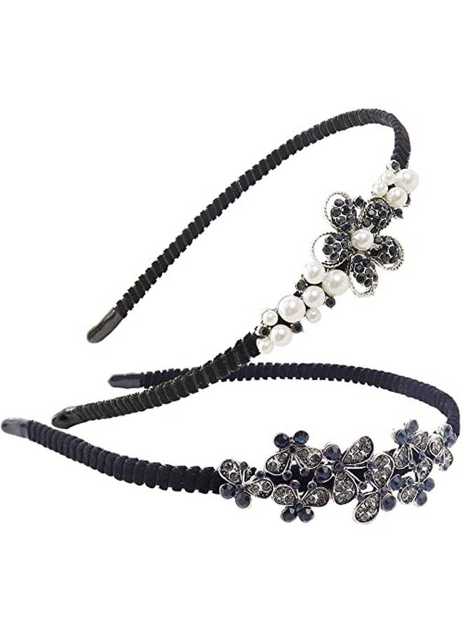 TCOTBE 2 Pack Rhinestone Hair Accessories Crystal Headband Shiny Butterfly Flowers Hair Headbands Vintage Parties Hair Accessory Sparkly Beaded Hair Hoops Jewelry Pearl Headbands For Women - Image 1