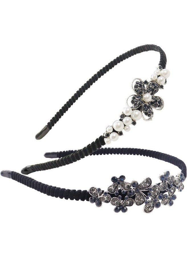 TCOTBE 2 Pack Rhinestone Hair Accessories Crystal Headband Shiny Butterfly Flowers Hair Headbands Vintage Parties Hair Accessory Sparkly Beaded Hair Hoops Jewelry Pearl Headbands For Women - Image 2