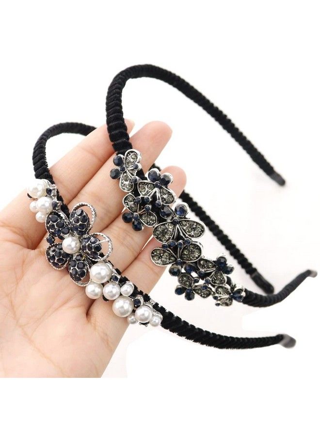 TCOTBE 2 Pack Rhinestone Hair Accessories Crystal Headband Shiny Butterfly Flowers Hair Headbands Vintage Parties Hair Accessory Sparkly Beaded Hair Hoops Jewelry Pearl Headbands For Women - Image 3
