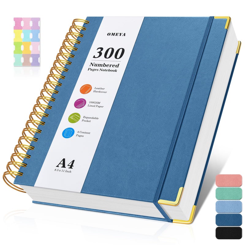 OMEYA Spiral Notebook 8.5" x 11", 300 Numbered Pages Notebooks College Ruled with Tabs, Hardcover Leather Lined Journal for Women Men, 100GSM Thick Journals for Writing, Large A4 Notebooks for Work School - Image 1