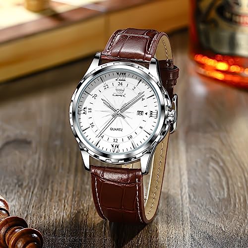 OPK Watch for Man Brown Leather Strap Blue Large Dial Waterproof Date Casual Wristwatch - Image 2