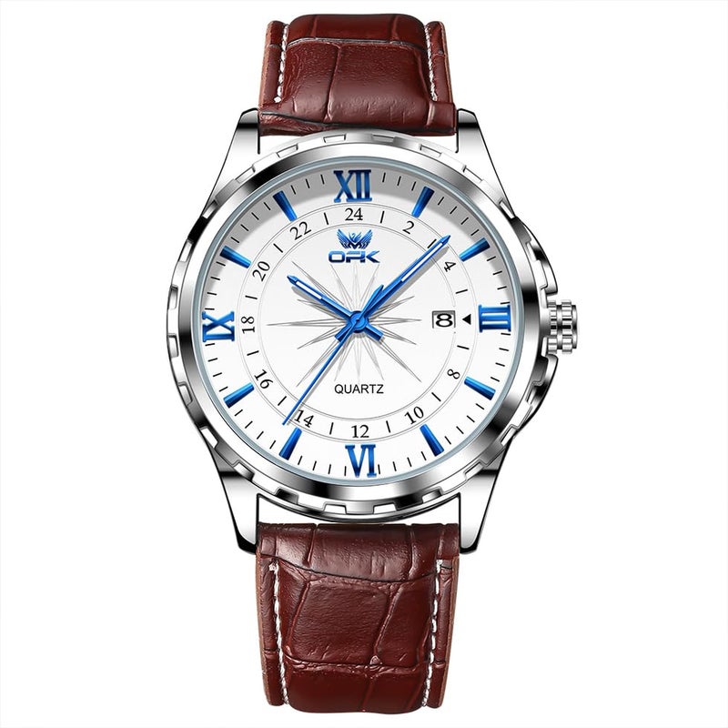 OPK Watch for Man Brown Leather Strap Blue Large Dial Waterproof Date Casual Wristwatch - Image 1