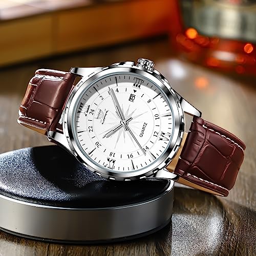 OPK Watch for Man Brown Leather Strap Blue Large Dial Waterproof Date Casual Wristwatch - Image 3