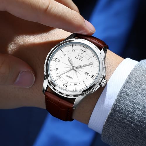 OPK Watch for Man Brown Leather Strap Blue Large Dial Waterproof Date Casual Wristwatch - Image 4
