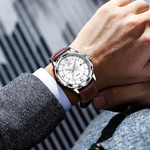 OPK Watch for Man Brown Leather Strap Blue Large Dial Waterproof Date Casual Wristwatch - Image 5