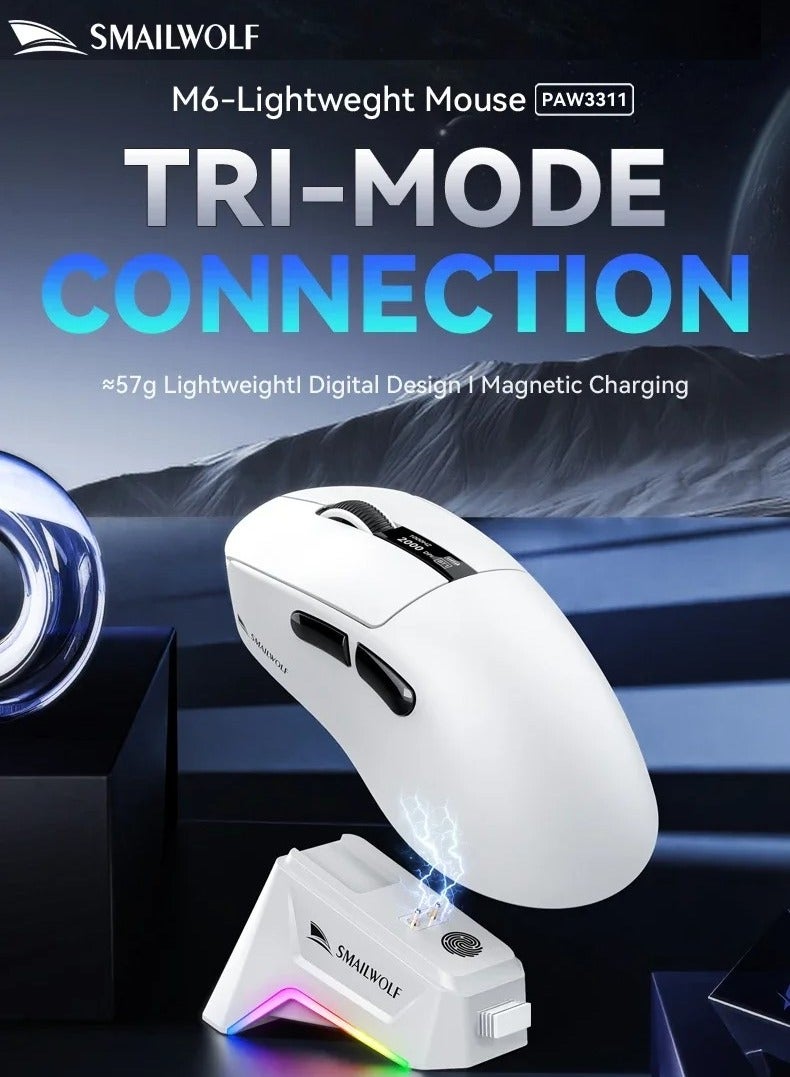 SMAILWOLF M6 Wireless Bluetooth Gaming Mouse Tri Mode PAW3311 Sensor 12000dpi With Charging Base Screen BT/2.4Ghz/Wired, for PC/MAC - Image 2
