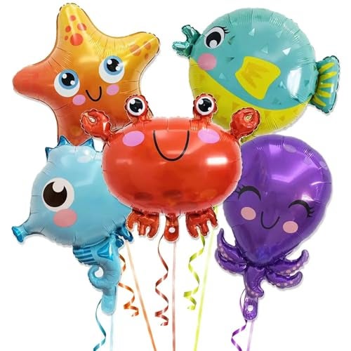 Atpata Funky 5pcs Aquatic Theme Foil Balloons Set - Starfish, Seahorse, Octopus, Crab, and Fish Shapes - For Underwater Ocean Party Decorations for unisex Kids Birthday Celebrations - Image 1