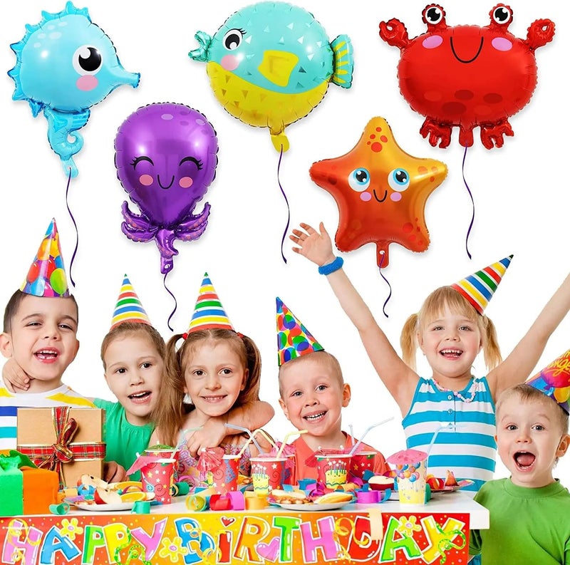 Atpata Funky 5pcs Aquatic Theme Foil Balloons Set - Starfish, Seahorse, Octopus, Crab, and Fish Shapes - For Underwater Ocean Party Decorations for unisex Kids Birthday Celebrations - Image 3