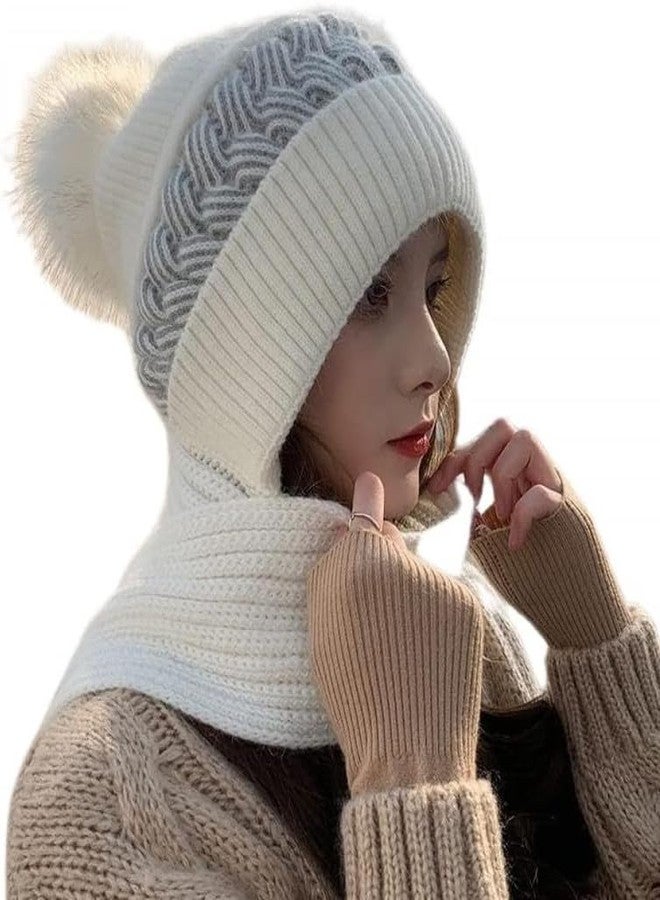 JMP One-Piece Hat and Bib Cap, Ladies Hat, Female Korean Version Plus Velvet Warm Woolen Cap, Knitted Hooded Scarf with Ear Protection Beige - Image 1