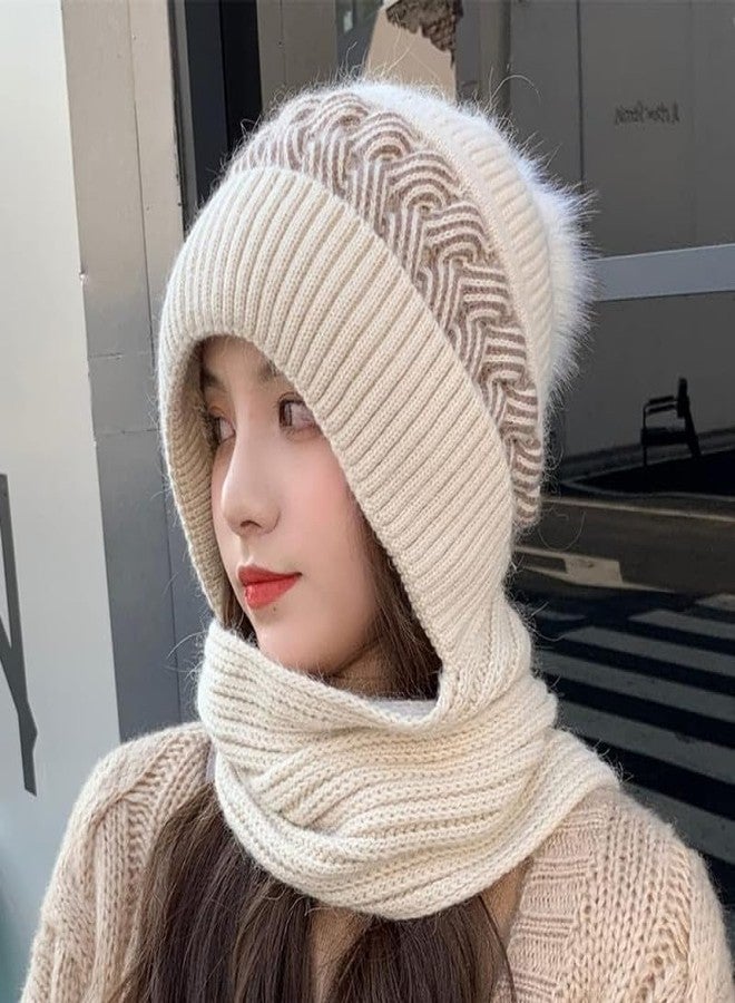 JMP One-Piece Hat and Bib Cap, Ladies Hat, Female Korean Version Plus Velvet Warm Woolen Cap, Knitted Hooded Scarf with Ear Protection Beige - Image 2