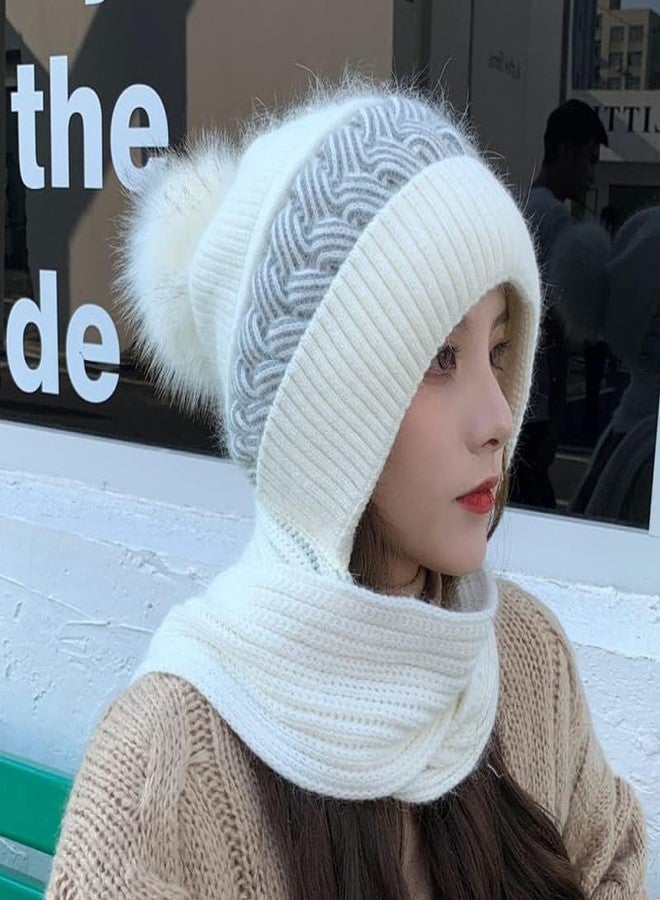 JMP One-Piece Hat and Bib Cap, Ladies Hat, Female Korean Version Plus Velvet Warm Woolen Cap, Knitted Hooded Scarf with Ear Protection Beige - Image 5