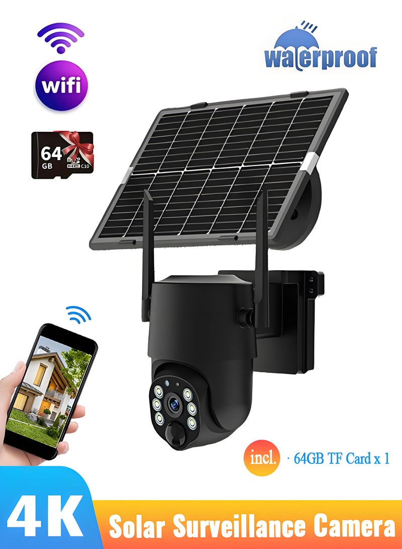 FUREUL 4MP Wireless Solar Camera Security Camera Outdoor Surveillance Camera CCTV Camera 4K HD Waterproof IP65 340 Pan Rotation High Precision PIR Cam Surveillance Camera Built in Battery Outdoor Monitoring without Electricity and Internet - Black, WIFI (Package with 64GB TF Card) - Image 1