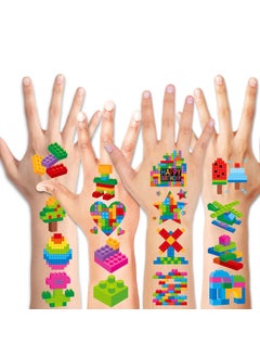 HOWAF HOWAF 96pcs Neon Color Building Block Temporary Tattoos for Kids, 8 Sheets Cute Colorful Building Bricks Tattoos Stickers for Boys Girls Birthday Party Supplies, Building Blocks Party Decorations Fake Tattoos Sheets 