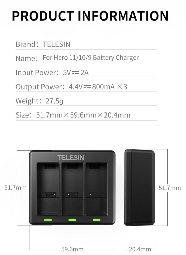 TELESIN - TELESIN 3-Channel Battery Charing Dock for GoPro HERO11 HERO10 HERO9 - Image 1