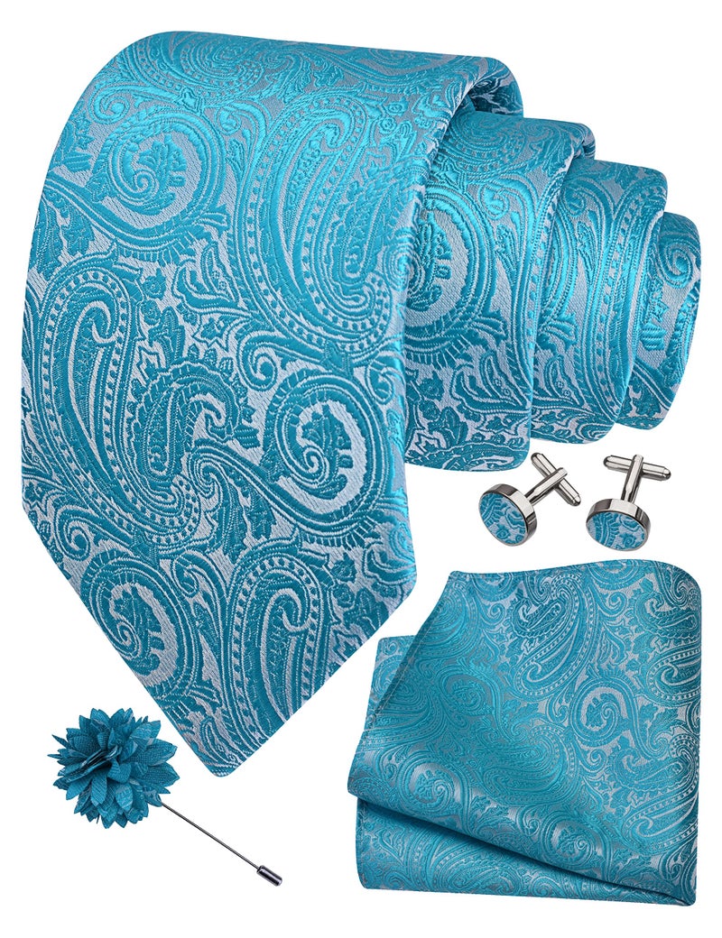 GUSLESON Mens Turquoise Blue Tie for Wedding Solid Silk Paisley Necktie Pocket Square Cufflinks and Lapel Pin Brooch Set (IN6103-24) - Image 1
